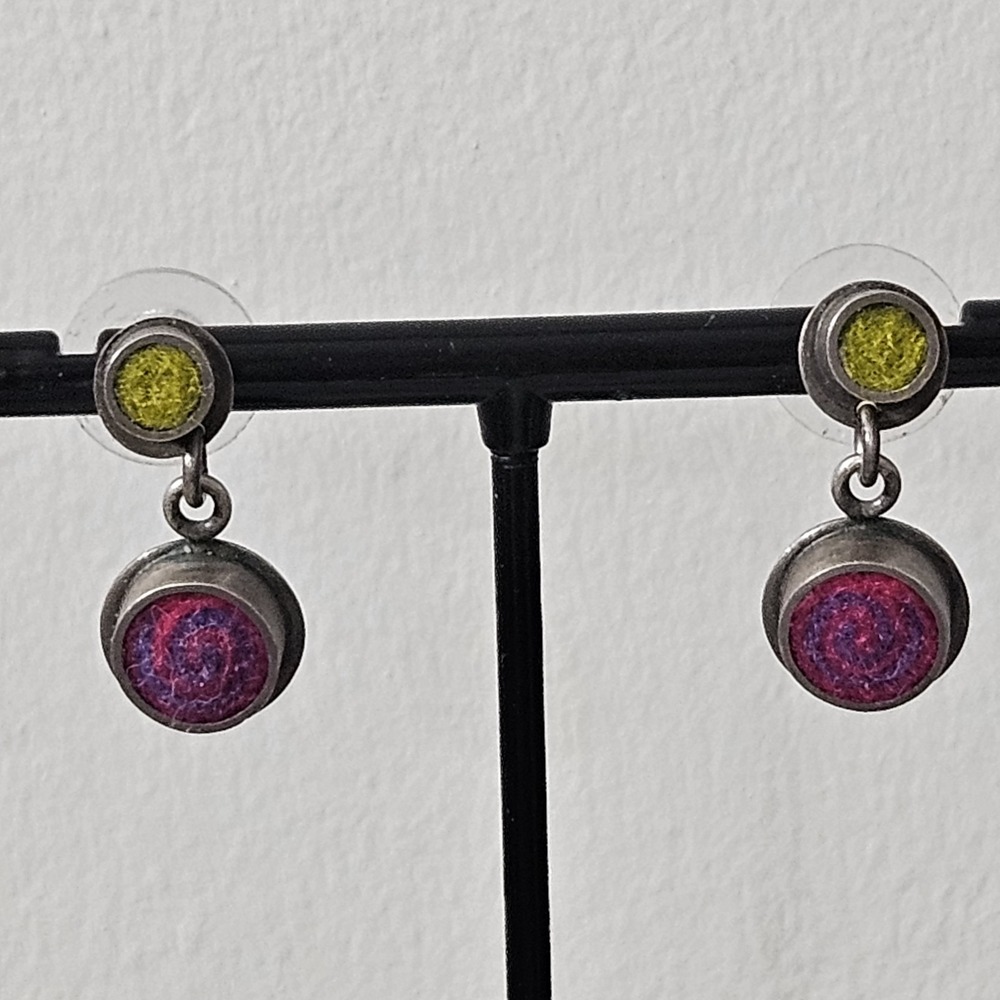Unique Vintage Sterling Silver Felt Earrings Artisan Pink Green Dangle